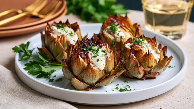 Miso glazed artichoke with fermented tofu cream showcasing synbiotic longevity nutrition and luxury editorial wellness styling
