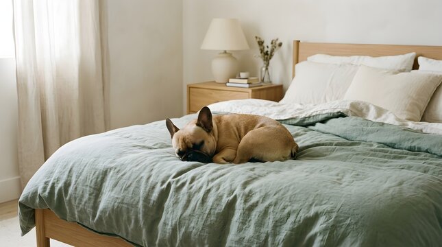 Peaceful French Bulldog sleeping on cozy bed in bright modern bedroom for International Dog Day