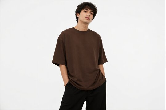 Young man standing casual oversized brown t shirt studio