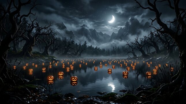 A spooky halloween night scene with glowing jack-o-lanterns floating on a dark misty lake surrounded by dead trees and a crescent moon above