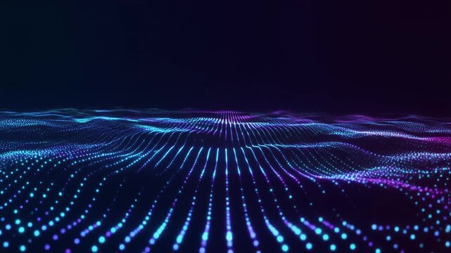 Thousands of glowing blue and violet digital particles flow in organized wave patterns through deep dark space, with luminous energy ripples creating synchronized premium corporate technology overlay