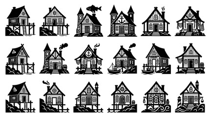 Fototapeta premium Black and White Glyph Icon Set: Coastal Fishing Village Houses, Maritime Stilt Cabins, and Seaside Cottages.