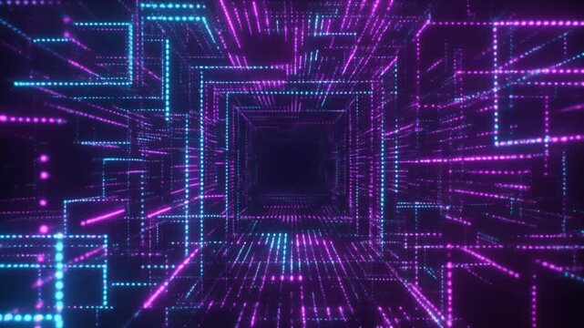 Glowing purple and blue digital squares pulse and drift as luminous technology particles, visualizing data processing and network connectivity in a futuristic abstract cinematic background composition