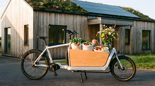Cargo bike with groceries, flowers at modern sustainable home with green roof.