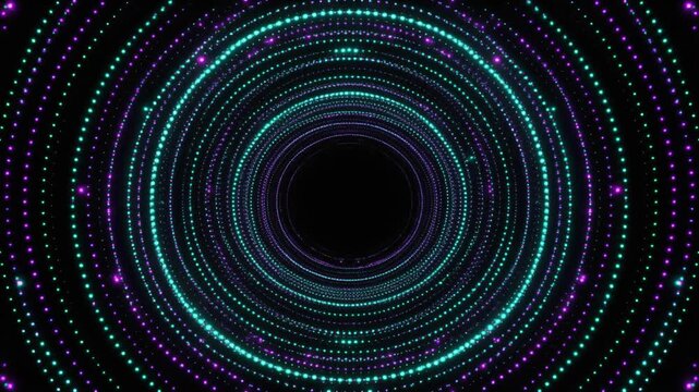 Countless luminous cyan particles swirl slowly around a vast spiral vortex, expanding and contracting with pulsing violet accents and concentric energy waves &mdash; seamless loop  centered negative space