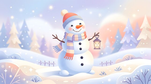 Cheerful snowman holding a glowing lantern in a snowy winter forest.