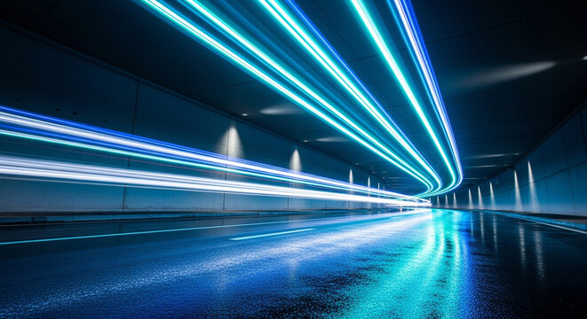 Futuristic tunnel with glowing light trails and reflections