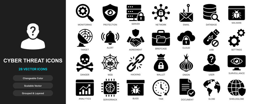 Cyberattack warning fraud icon set. Internet security breach, spyware infection, digital danger bug, ddos attack exploit, firewall alert symbols for web ui app design.
