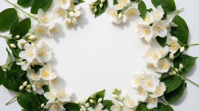 Frame of white jasmine flowers with green leaves isolated on white background