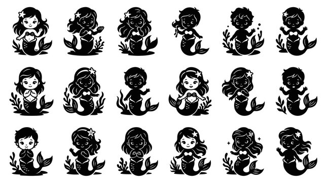 Adorable Fantasy Mermaid and Merman Glyphs for Children's Design Collection