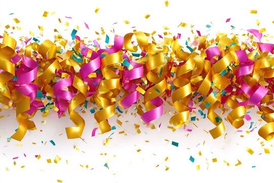 Gold and Pink Confetti Ribbons Isolated on White Background for Party Celebration Design