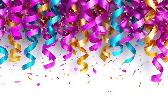 Colorful party streamers and confetti falling on a white background for celebration