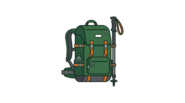 Green Hiking Backpack and Trekking Pole Isolated