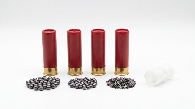 Four red shotgun shells with wadding and shot pellets arranged on a white background.