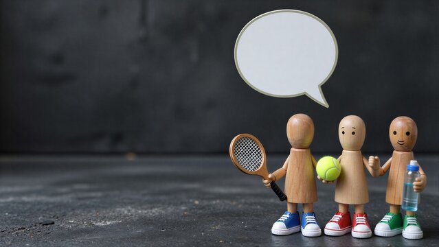 Three wooden figures with tennis gear stand, one holding a speech bubble.