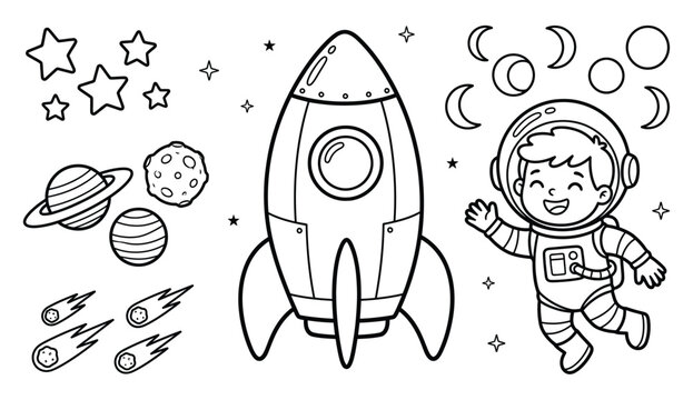 Cute hand drawn space themed illustration with rocket astronaut and planets