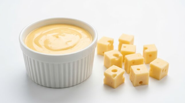 A white ramekin filled with creamy cheese sauce next to several cubes of swissstyle cheese isolated on white background
