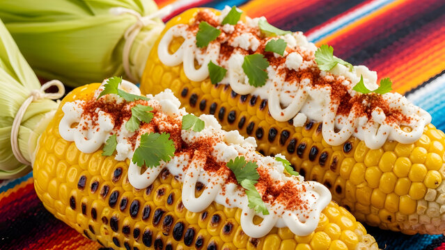 Grilled Mexican street corn elotes with cotija cheese mayo chili powder and cilantro