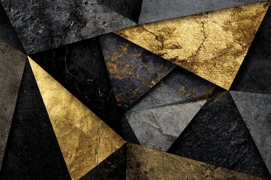 Abstract geometric background with black marble and gold foil triangular shapes