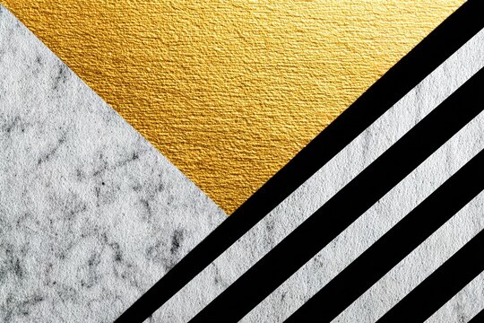 Abstract geometric background with gold foil texture and black white marble stripes