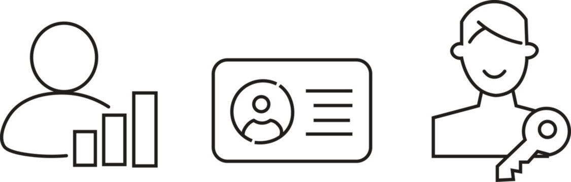 User Profile Statistics ID Card and Account Key Line Icons, and User Performance Analytics Vector Symbols.