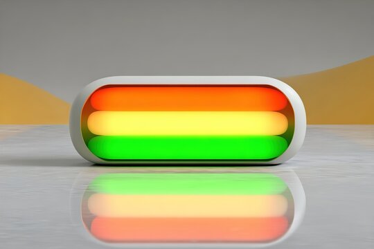 Glowing neon rectangle light with orange yellow and green stripes on reflective surface