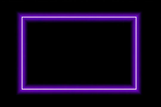 Glowing purple neon rectangle frame isolated on black background for digital design