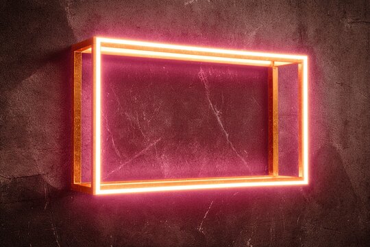 Glowing neon rectangle frame on dark textured background for modern digital design template