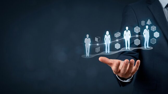 Professional presenting abstract human resources network with digital glowing icons over his hand