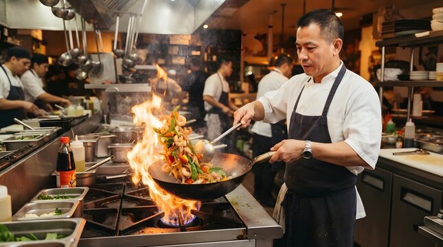 Professional Chef Stir-Frying Fresh Ingredients in a Hot Wok. Asian Cuisine Cooking Technique, Restaurant Kitchen, Culinary Preparation and High-Heat Food Service Concept