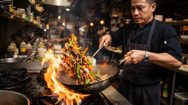 Professional Chef Stir-Frying Fresh Ingredients in a Hot Wok. Asian Cuisine Cooking Technique, Restaurant Kitchen, Culinary Preparation and High-Heat Food Service Concept