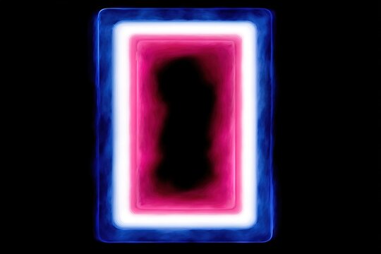 Glowing neon rectangle frame with vibrant pink and blue light on black background