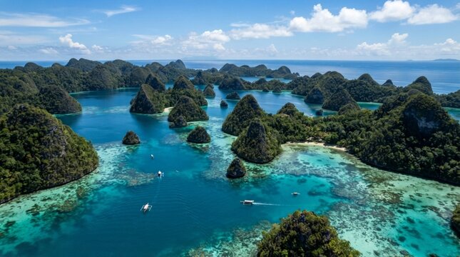 Breathtaking Aerial View of Wayag Island at Raja Ampat, Papua, Indonesia with Turquoise Sea Water