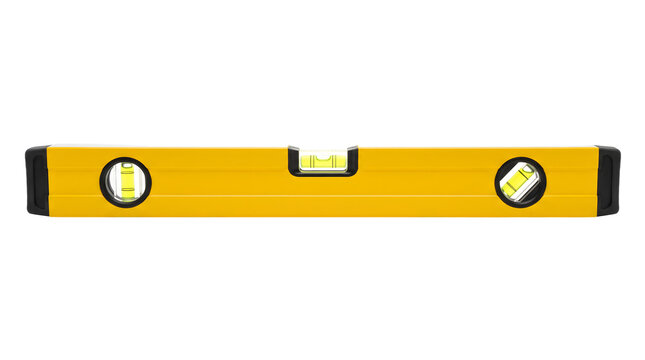 Yellow spirit level tool isolated on white background. Professional construction bubble level for carpentry. Industrial measuring instrument.