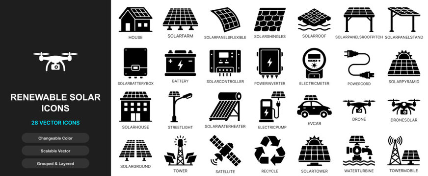 Solar electricity photovoltaic icon set. Photovoltaic modules, green sun power generators, sustainable solar farms, energy storage, thermal utility systems for web ui design.