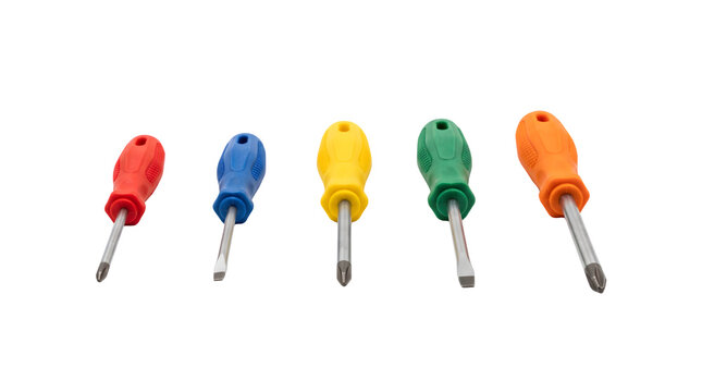 Colorful screwdriver set with 5 pieces, professional hand tools with plastic handles, multi-colored repair equipment on white background