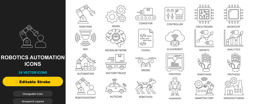 Robotics automation robot line icon set with editable stroke. Industrial robot arms, factory automation machines, smart manufacturing, assembly line robotics for web ui design.