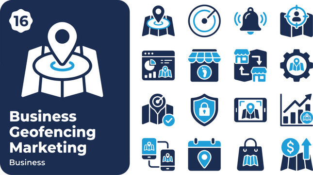 Professional business geofencing marketing icon collection featuring modern flat map location and navigation symbols for digital strategy analytics