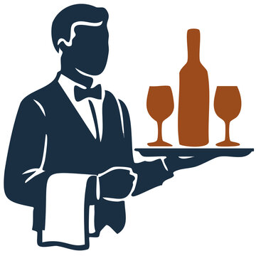 Ilustraci&oacute;n icono de mesero sosteniendo bandeja con vino y dos copas. Fondo tranparente PNG, estilo linograbado a tinta plana. 