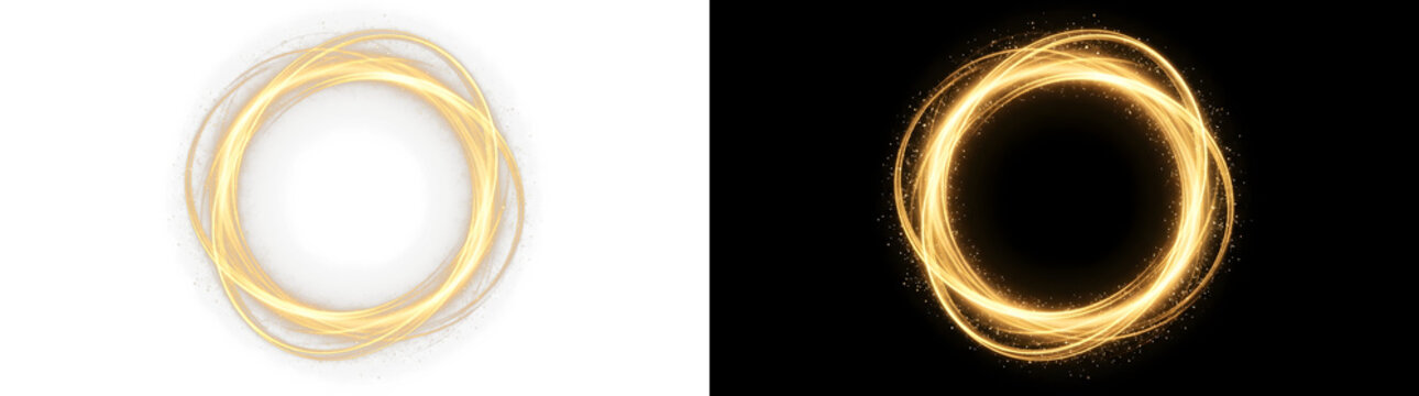 Golden glowing circular light frame with swirling particle streaks featuring elegant circular motion dynamic effects presented on transparent background