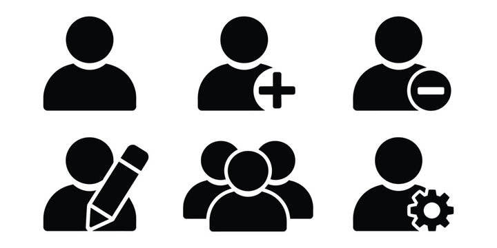 User Account Management Icon with Add Member, Remove, Edit Profile, Group, and Settings Symbols for App, Web, and Dashboard Interfaces