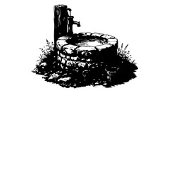 Fototapeta premium Vintage stone water well with hand pump illustration in black and white ink style