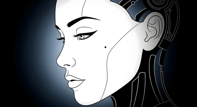 A black and white vector illustration of a humanoid robot face in profile view.