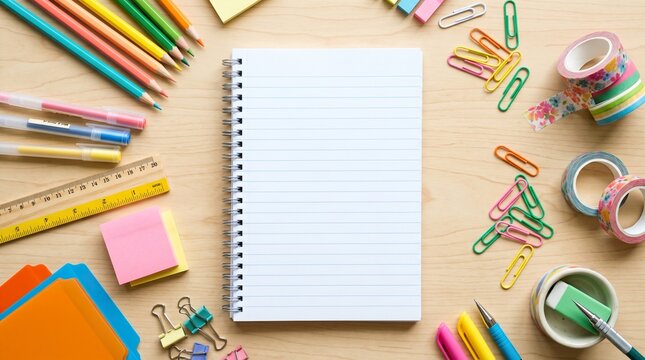 Blank spiral notebook surrounded by colorful school supplies and office stationery on wooden desk surface offers space for education and creativity.