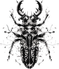 Obraz premium Detailed monochrome illustration of a stag beetle adorned with floral patterns, perfect for tattoo designs and wildlife apparel graphics.