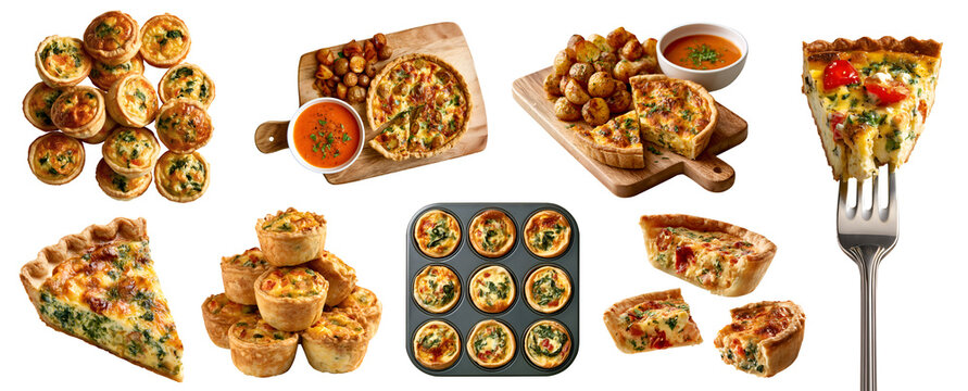 Set of quiche pastry tart, egg custard flaky crust and ingredient of meat cheese vegetable, fork, serving tray with soup and potato, baking tray, mini slices stack pile, transparent cutout PNG mockup