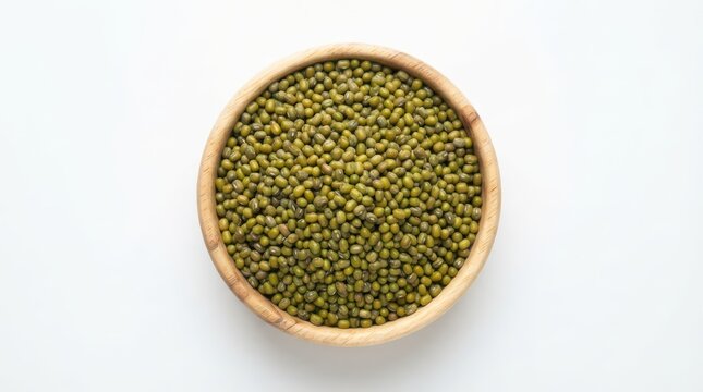 Mung beans in a wooden bowl isolated on white background