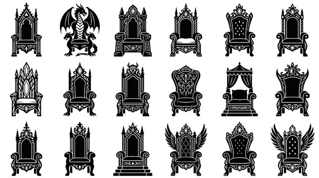 Fantasy King and Queen Thrones Glyphs. Royal Medieval Seat Silhouettes Collection. Black and White Icons