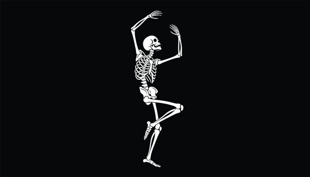 White skeleton dancing joyfully on a solid black background represents Halloween, gothic art, and party.