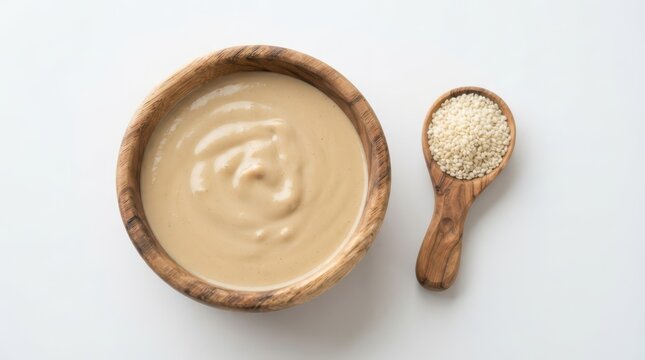 Bowl of creamy tahini paste with a wooden spoon of sesame seeds, isolated on white background